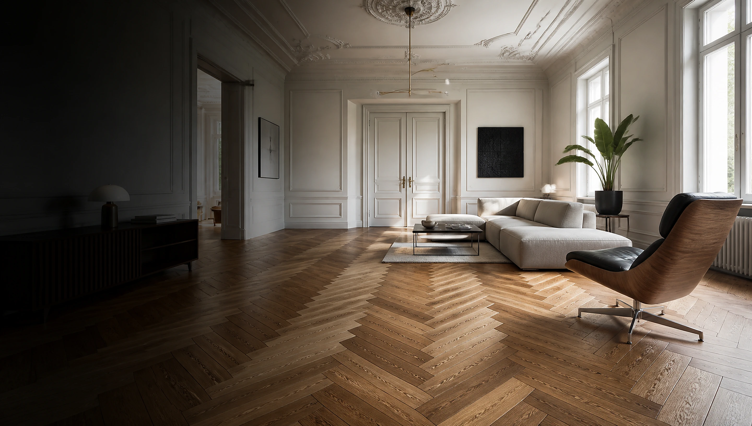 Altbau-Salon mit klassischem Fischgrätparkett