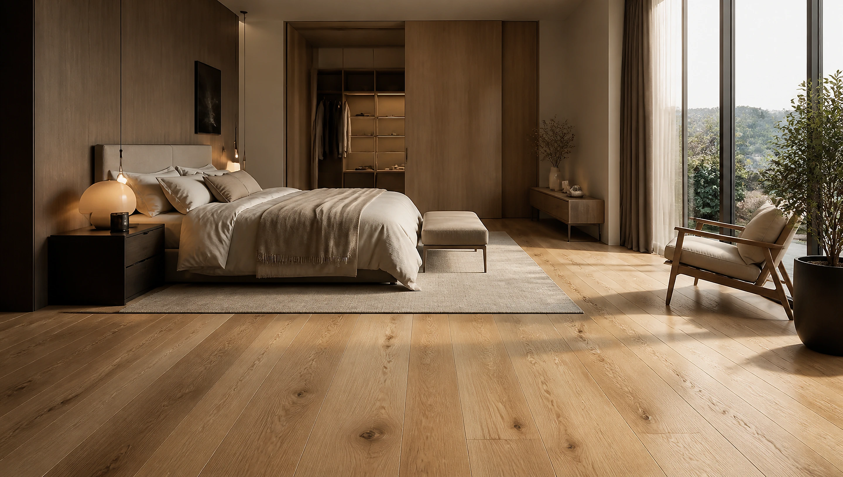 Schlafzimmer mit hellem Landhausdielen-Parkett