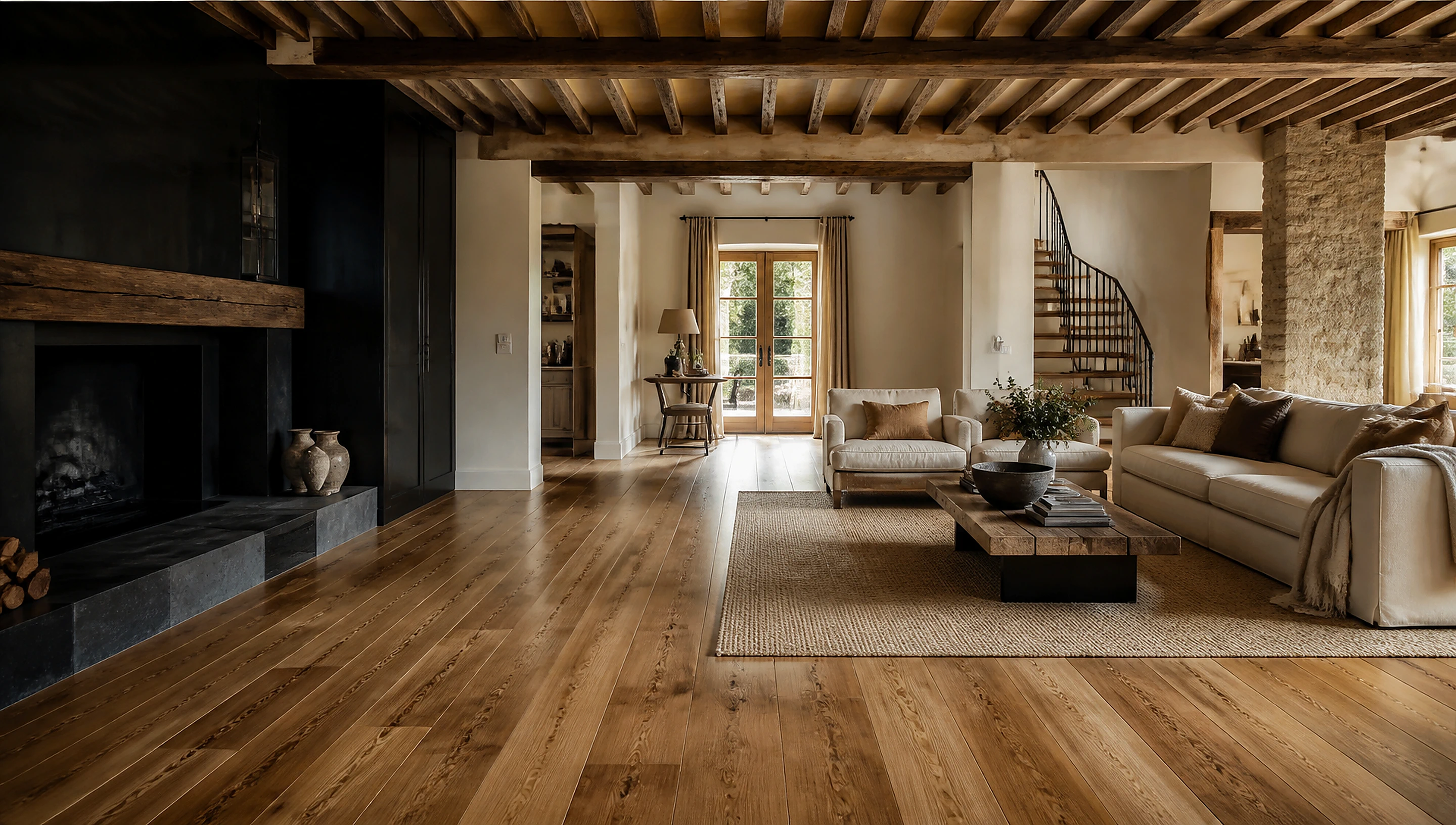 Rustikales Wohnzimmer mit geöltem Landhausdielen-Parkett