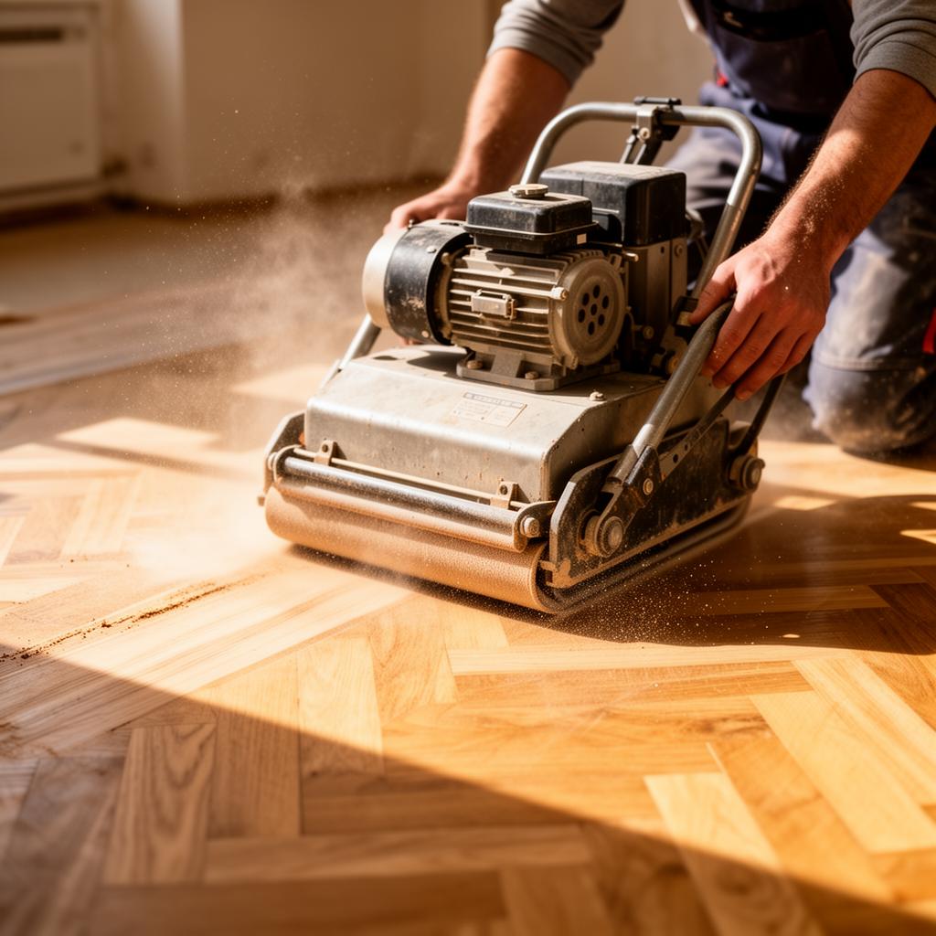 Handwerker schleift Parkettboden mit professioneller Schleifmaschine